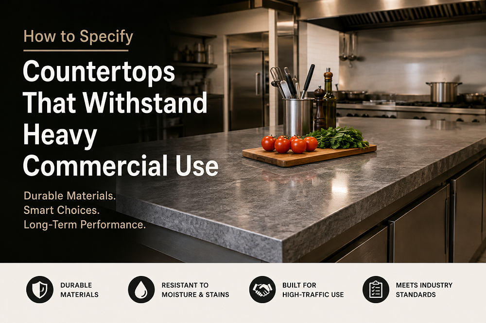 Commercial kitchen countertop designed for durability and heavy daily use, featuring a polished stone surface and stainless steel equipment.