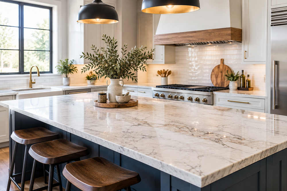 Modern kitchen with a large veined stone island countertop, navy cabinetry, and warm wood accents, showcasing a stylish countertop remodel.